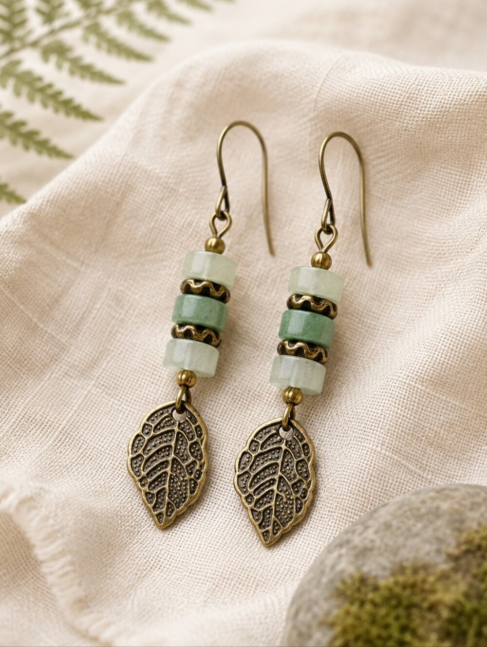 Green Aventurine Leaf Earrings Artisan Botanical Nature Jewelry Hand Crafted